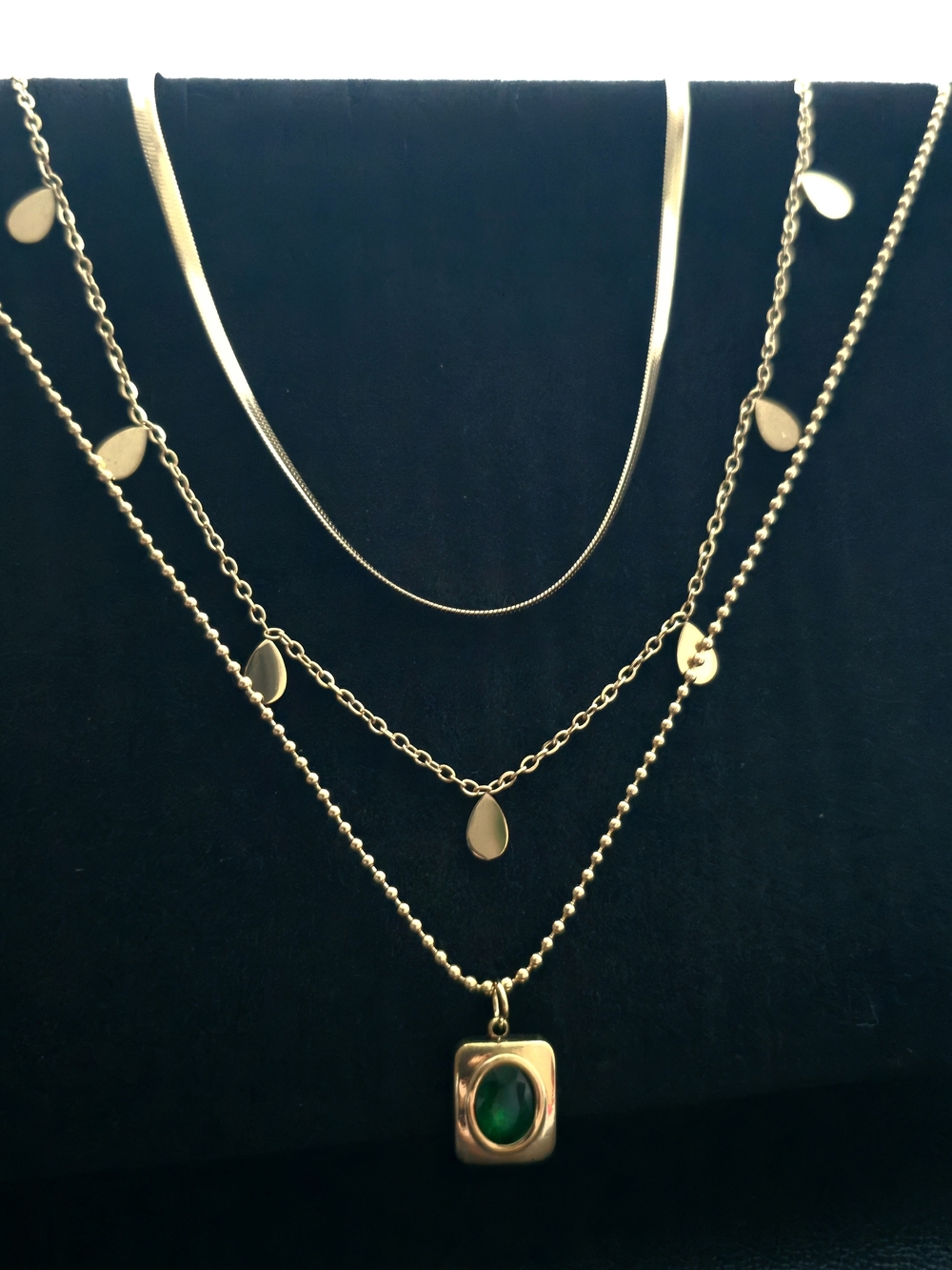 18K Gold Layered Necklace w/ Green Zircon Accent (B002) - Picture 9 of 12